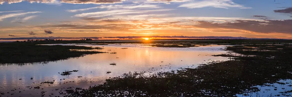 Atardecer en la Estancia San Juan Poriahu, Humedales del Iberá, un pantano en la provincia de Corrientes, Argentina